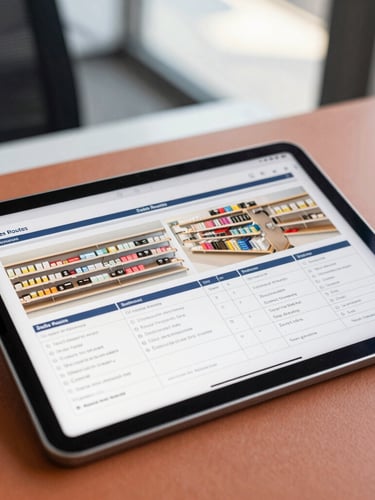 professional editorial photography, close-up of a tablet displaying sales routes and retail shelf planning, warm terracotta accents, natural daylight.