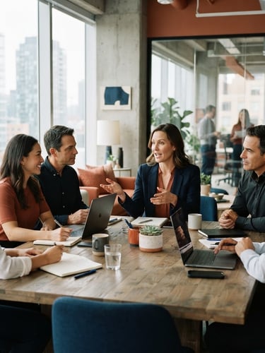 professional editorial photography of a business meeting in a modern office, natural daylight, deep navy and warm terracotta tones, 35mm lens, realistic corporate setting