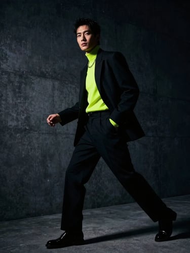 High-fashion lifestyle portrait of a creator in motion against a dark architectural concrete wall, dramatic key lighting, deep shadows, cinematic 35mm