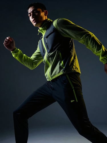 Low-angle dramatic studio portrait of a high-fashion creator in motion, wearing technical sportswear, deep obsidian shadows with sharp neon lime rim lighting, 35mm photography.