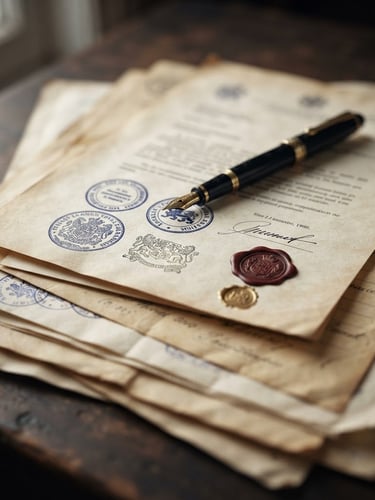 Close-up of a stack of official documents with various stamps and seals, a fountain pen resting on the top document, soft natural daylight, deep navy and warm paper tones, macro lens, shallow depth of field, subject positioned to the left third of a wide panoramic frame.