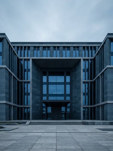 Wide-angle minimalist architectural photography of a modern civic building facade, cool overcast daylight, sharp shadows, symmetrical composition, deep slate and blue tones.