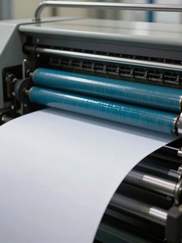 Close-up of a high-speed Heidelberg offset printing press in motion, cyan ink rollers glistening under clean warehouse lighting, crisp paper feeding rapidly