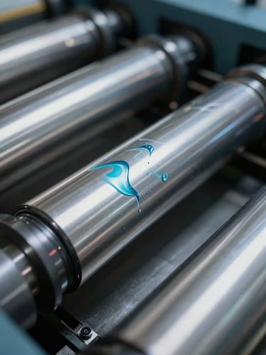 Macro close-up of heavy industrial offset printing press cylinders in motion, sharp cool-toned studio lighting highlighting metallic precision and cyan ink calibration