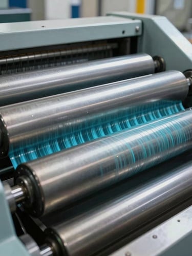 A close-up photograph of heavy offset printing rollers in motion, sharp cyan ink transfer visible, cool warehouse daylight highlighting the metallic machinery.