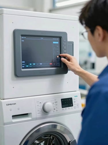 A technician calibrating a digital diagnostic screen on a modern washing machine, clean industrial photography, bright daylight, 35mm