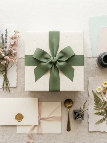 Overhead flat-lay of a beautifully wrapped gift box with textured sage ribbon, surrounded by fine stationery and dried botanicals, bright editorial photography, soft daylight