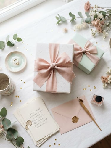 Overhead flat-lay of beautifully wrapped gift boxes with textured blush pink ribbons, artisanal ceramics, and fine stationery on a clean white table, soft natural daylight, shallow depth of field.