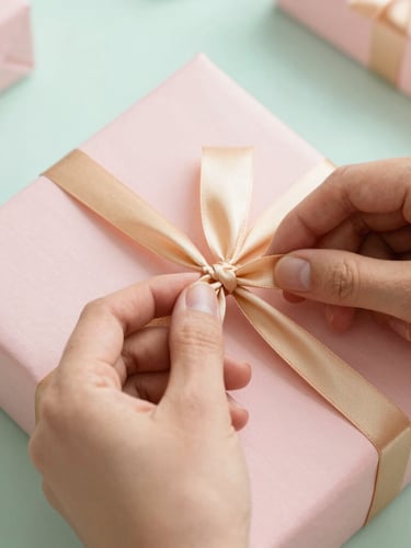 A close-up of hands carefully tying a warm gold satin ribbon around a beautifully wrapped blush pink gift box, soft natural daylight, shallow depth of field.