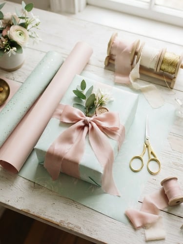 Overhead flat-lay of a bright creative workspace with pastel mint and blush pink wrapping papers, delicate gold scissors, and hand-tied silk ribbons, soft natural daylight.