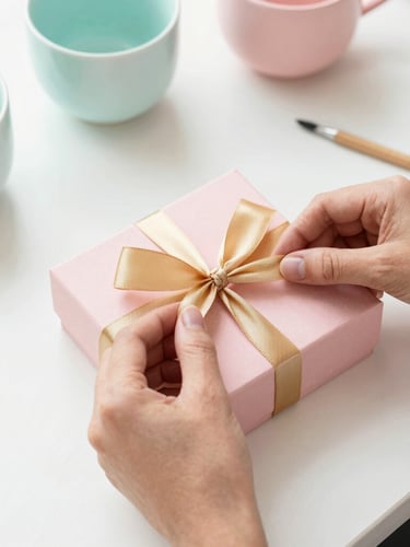 Bespoke gift curation workspace, hands tying a warm gold ribbon around a blush pink box, soft natural light, artisanal ceramics nearby