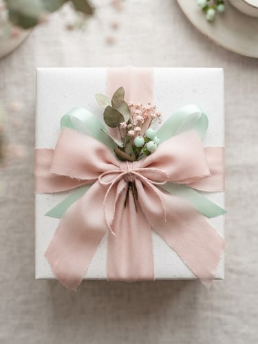Overhead flat-lay of a beautifully wrapped gift box with textured blush pink ribbons, pastel mint accents, soft natural daylight, shallow depth of field