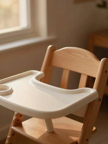Close-up of a beautifully clean wooden high chair, warm soft golden-hour window light, rich terracotta tones, shallow depth of field, 35mm