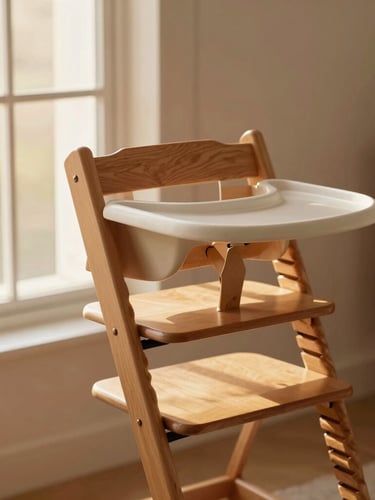 A beautifully maintained premium wooden high chair and a soft baby bouncer bathed in warm golden-hour window light, minimalist clean interior, 35mm photography