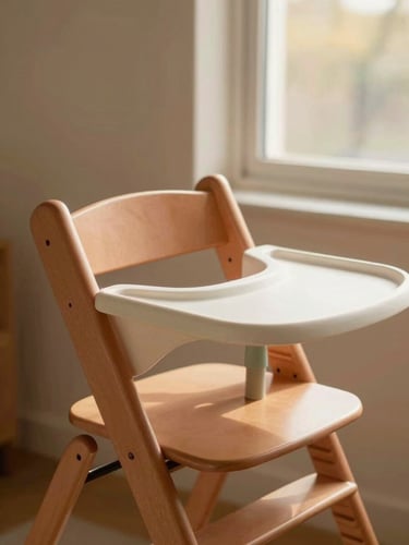 Warm editorial photography of a clean wooden high chair next to a sunlit window, soft terracotta and sage tones, shallow depth of field, 35mm