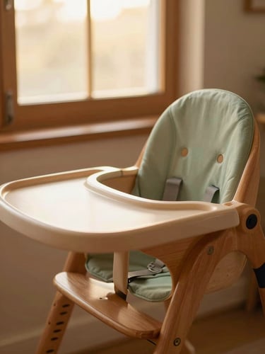 Close-up of a beautifully maintained wooden high chair next to a soft fabric baby carrier, warm golden-hour window light, rich terracotta tones, shallow depth of field, 35mm