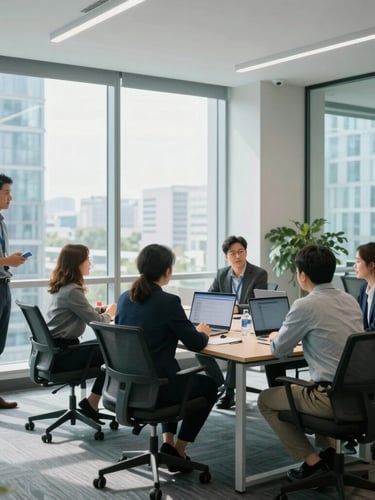 Bright, modern Canadian corporate office with large windows, professionals collaborating around a large table, cool daylight with subtle teal accents, 35mm