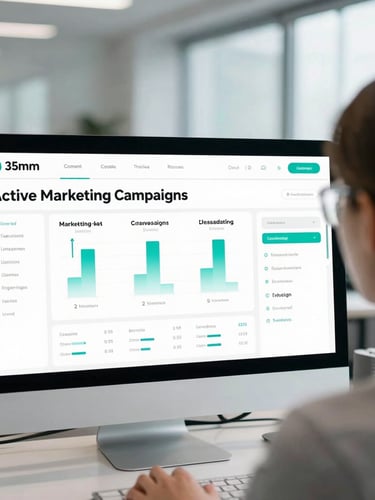 Over-the-shoulder view of a clean data dashboard displaying active marketing campaigns, cool daylight with subtle teal accents, sharp focus, professional office setting, 35mm