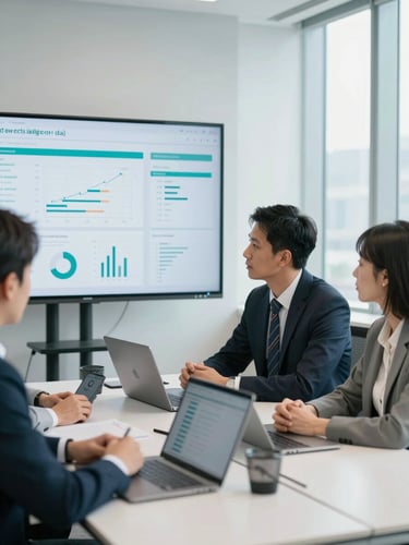A professional collaborative meeting in a bright Toronto office, daylight with subtle teal accents, screens with clean data dashboards in background, sharp 35mm