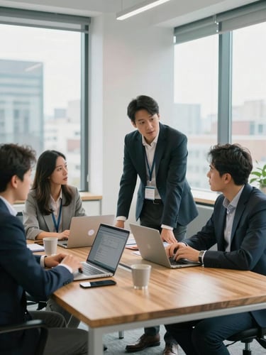 A modern bright corporate office setting in Montreal, professionals discussing system architecture around a clean wooden table, daylight, 35mm