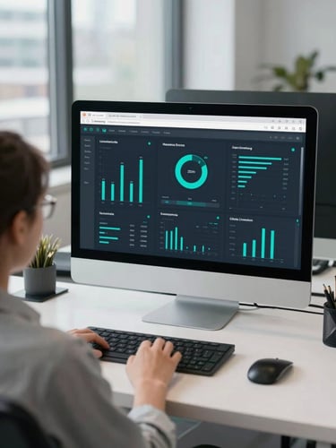 Over-the-shoulder shot of a clean workspace in Toronto, a screen displaying a modern marketing dashboard with teal metrics, cool daylight, 35mm