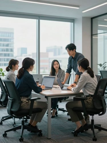 Modern Canadian office space with professional team collaborating around a table, large windows, cool daylight, subtle teal accents, 35mm