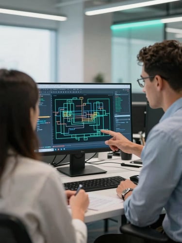 Over-the-shoulder perspective of two professional partners analyzing system architecture in a modern Canadian tech workspace, daylight with cool teal ambient accents, 35mm