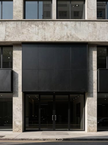 Elevação arquitetônica frontal de uma fachada comercial minimalista de luxo, concreto aparente encontrando caixilharia de aço preto fosco, luz natural difusa e sombras geométricas marcadas.