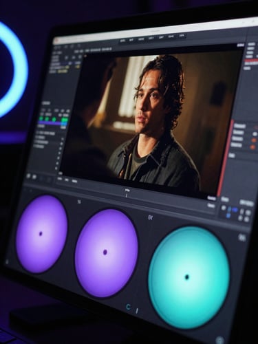 Close-up of a professional color-grading monitor displaying a cinematic film still, purple and teal color wheels visible in the foreground, deep shadows, neon key light from the left, editing software UI partially visible at the edge