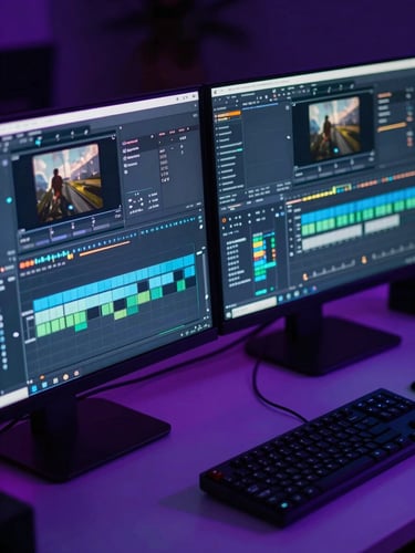 Close-up of a professional video editing workstation at night, dual monitors glowing with a color-grading timeline, deep purple and teal neon light spilling across the desk surface, sharp shadows, no people visible, high-contrast cinematic atmosphere