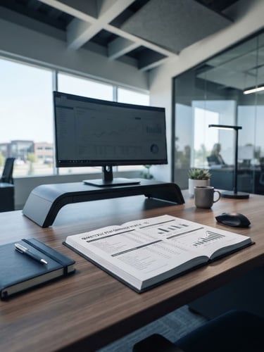 Modern, organized office space in Ajax, Ontario, with architectural lines and natural daylight, focused on a structured document on a desk, cool navy and grey tones