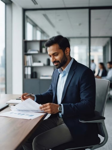 Professional portrait of Parath Kumar in a modern, organized office environment, reviewing documents, soft natural daylight, cool undertones, architectural symmetry, shallow depth of field, 35mm, positioned to the left.
