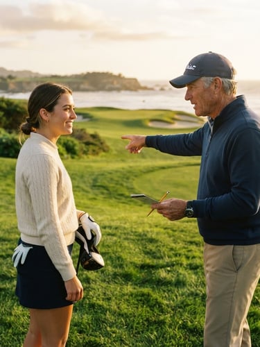 A warm editorial portrait of a golf coach explaining course strategy to a student on a lush green fairway, golden-hour coastal sunlight, deep greens and soft gold tones, shallow depth of field, 35mm