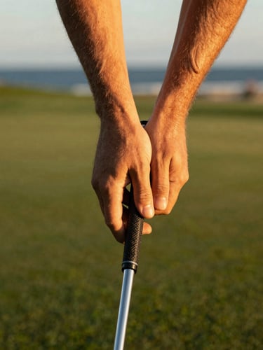 A close-up of a golfer's hands perfectly gripping a club on a leather grip, soft sand-gold tones, warm coastal sunlight, shallow depth of field, 35mm