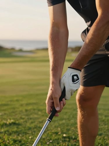 A close-up of a golf coach adjusting a student's grip on a driver, soft golden hour lighting, lush green grass in the background, shallow depth of field.