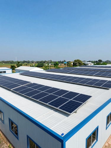 Vibrant outdoor wide shot of monocrystalline solar panels installed on a modern factory roof in Srikakulam under bright midday sun