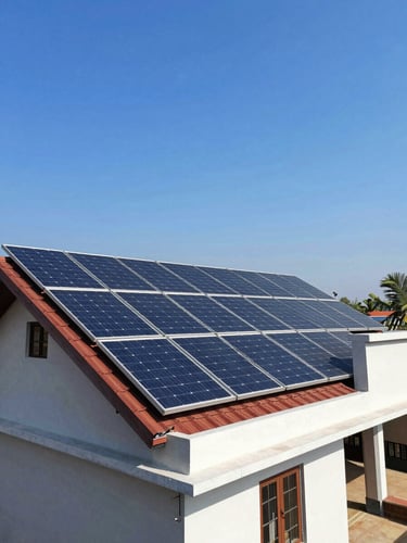 Wide-angle vibrant outdoor photography of a modern regional Indian home roof equipped with clean solar panels under bright direct Srikakulam sunlight, clear blue sky, 35mm