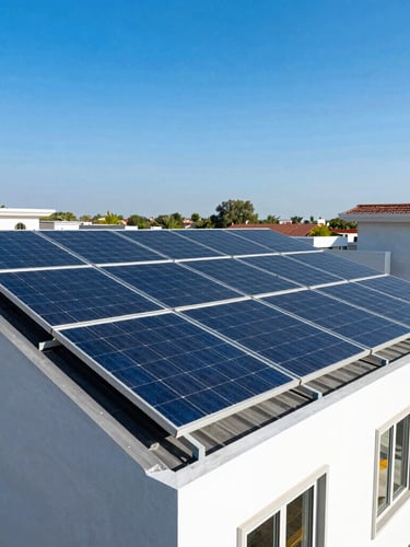 Vibrant portrait photography of high-quality monocrystalline solar panels installed on a modern Indian home rooftop, bright direct sunlight, clear blue sky.