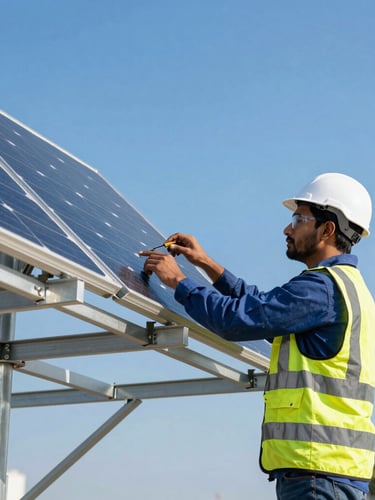 Medium shot of a professional Indian solar engineer in safety gear adjusting a high-quality solar panel on a sturdy aluminum mounting structure, bright direct sunlight