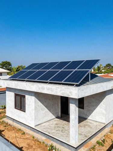 Vibrant outdoor photography of a modern home in Srikakulam under bright direct sunlight with newly installed monocrystalline solar panels on the flat concrete roof.