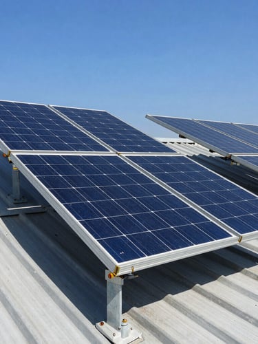 Close-up of high-quality monocrystalline solar panels securely mounted on robust metal structures on a commercial roof under clear blue sky