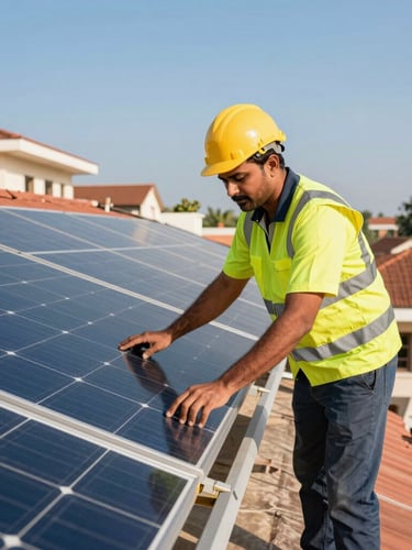 Vibrant outdoor photography of a professional Indian engineer in safety gear adjusting high-quality monocrystalline solar panels on a residential rooftop, warm direct sunlight, 35mm