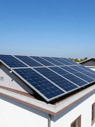 Wide environmental shot of modern monocrystalline solar panels installed on a residential rooftop in Srikakulam under bright midday sun, blue sky, sharp details