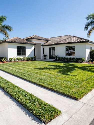Low-angle architectural shot of a modern Florida estate with perfectly manicured lawns, razor-sharp concrete-to-grass borders, bright Florida sunlight, sharp defined shadows