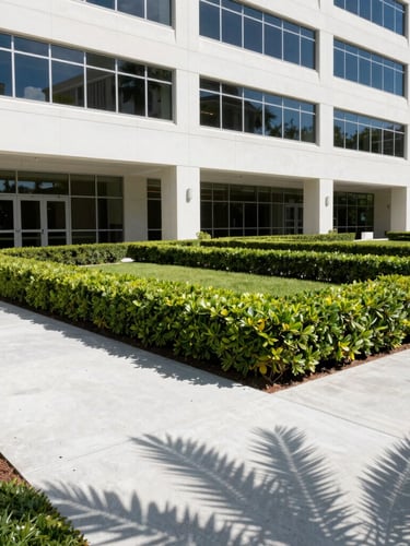 Manicured commercial office building grounds in Florida, clean lines, architectural hedges, bright midday sun, crisp shadows