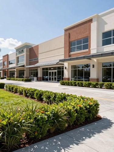 Low-angle architectural shot of a modern Florida commercial plaza with razor-sharp grass borders and pristine manicured hedges under bright sunlight.
