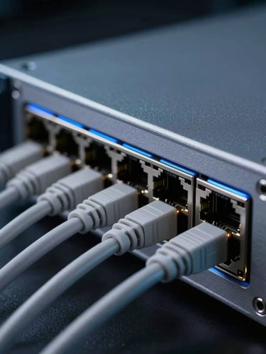 Macro close-up of a high-end network firewall hardware interface, clean cable management, subtle blue backlighting, cool-toned studio lighting, deep shadows.