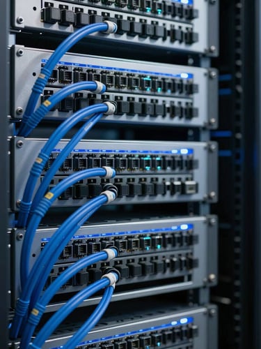 A close-up of high-end server racks with pristine blue cable management in a cool-toned Danish data center, sharp focus on structured patch panels, soft blue backlighting.