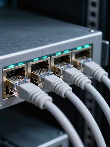 Macro shot of an enterprise firewall interface with clean Ethernet cable management, subtle electric cyan status lights reflecting off cool-toned steel, deep shadows, professional server room environment.