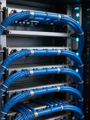 Macro shot of high-end server rack with clean blue cable management, cool-toned studio lighting, subtle cyan backlighting, shallow depth of field.